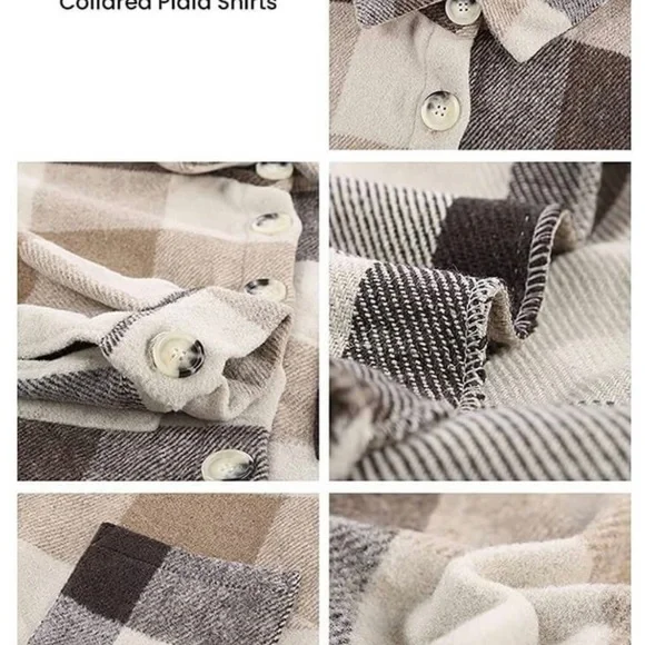 OVERSIZED FLANNEL PLAID SHIRT JACKET BUTTON DOWN SHACKET MEDIUM-TAN - Picture 5 of 5